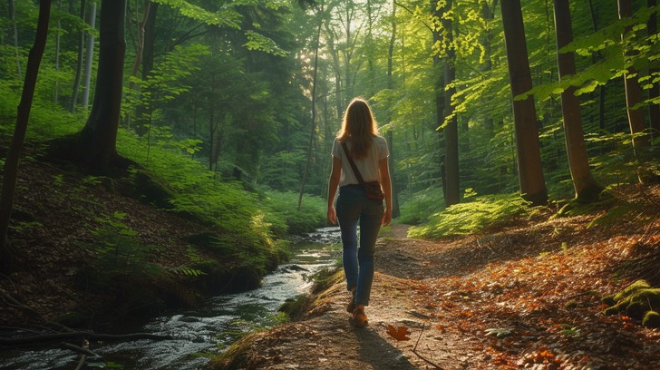 Serene walking path in lush green outdoor nature